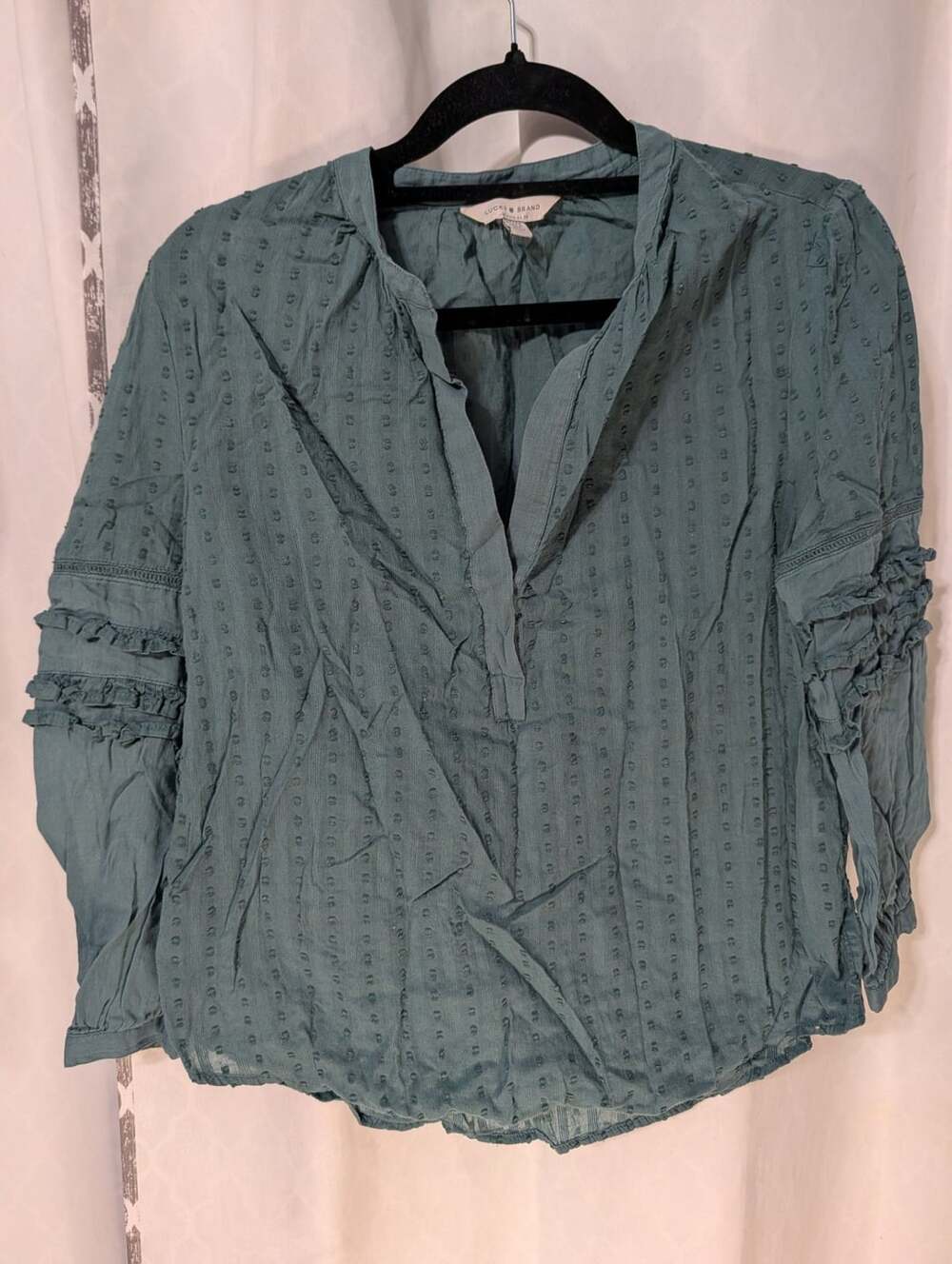 Lucky Brand Blouse Size XS Clip Dot V-Neck Ruffle Sleeve Teal